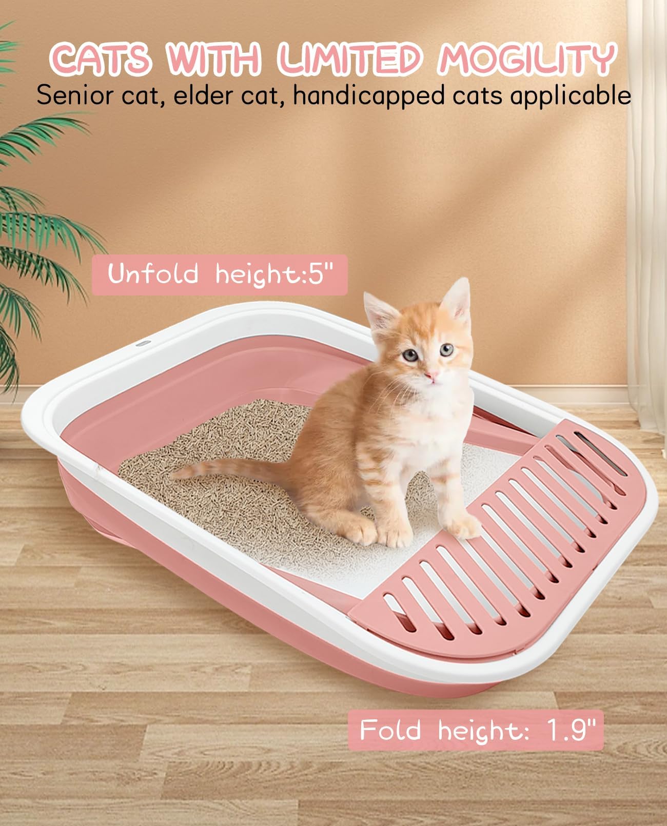 BNOSDM Foldable Small Cat Litter Box for Kittens Open Potty Pan Collapsible Cat Toilet with Scoop Senior Kitty Travel Shallow Litters Boxes Anti-Splash Waterproof for Small-Sized Cats Pink