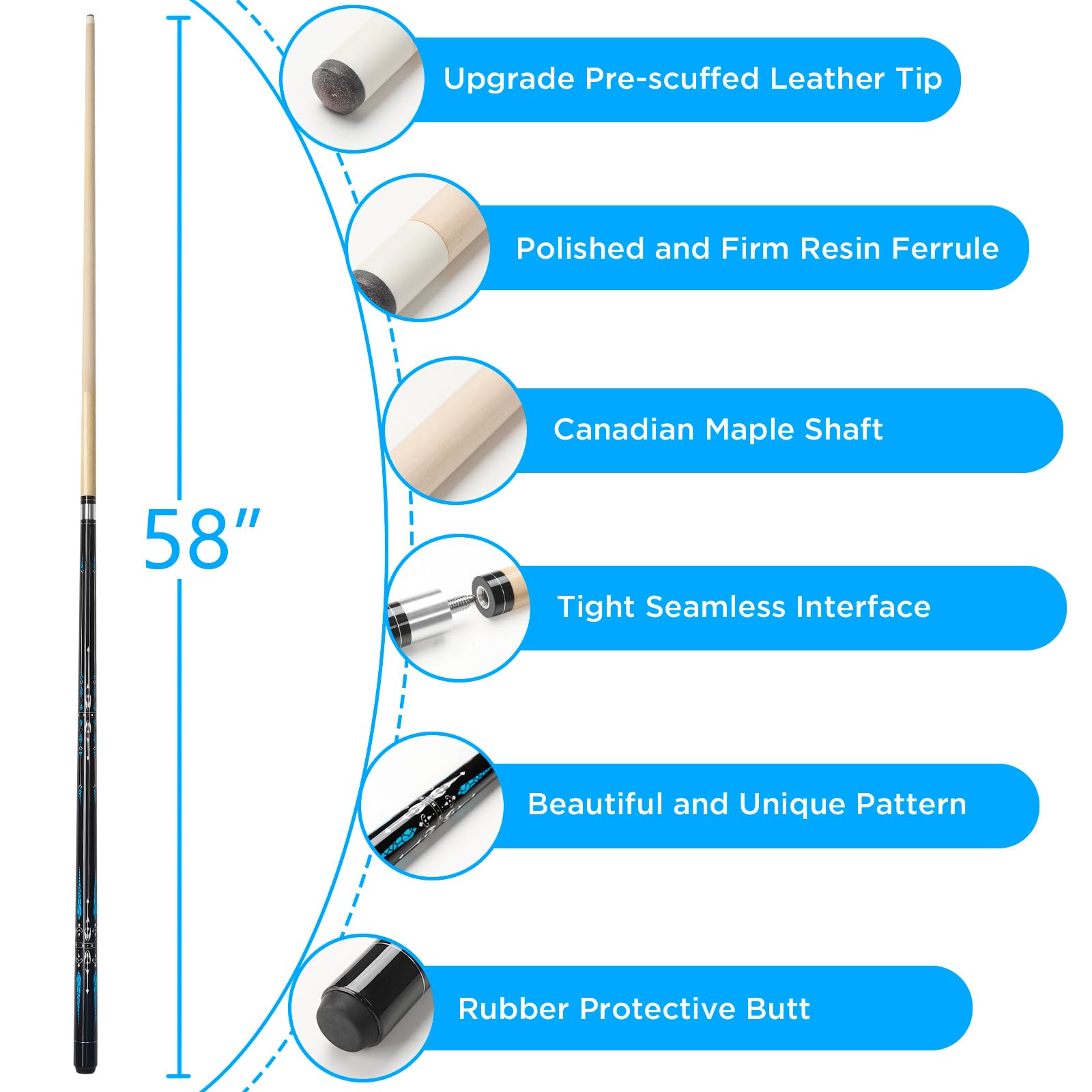 Queue de billard en bois d'érable de 147,3 cm, 2 pièces, 13 mm, 45,7 cm, 50,8 cm, 595,3 g pour bar, maison, table de billard, sport