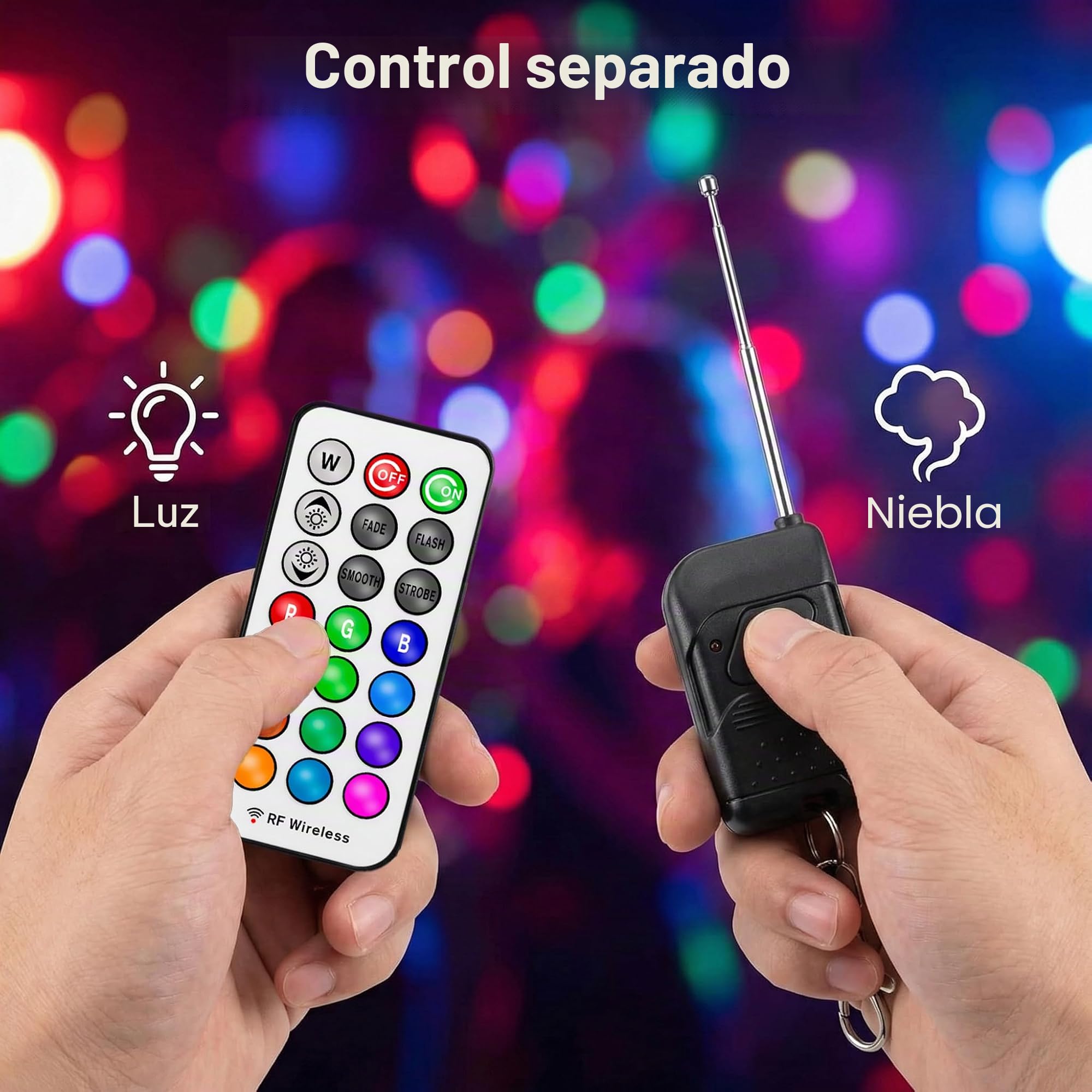 Máquina de Humo 500W con 8 LED RGB, Mini Fog Machine con Cable de 3m y Pedal & 2 Mandos, Automática para Halloween, Fiesta, DJ, Escenario y Bodas
