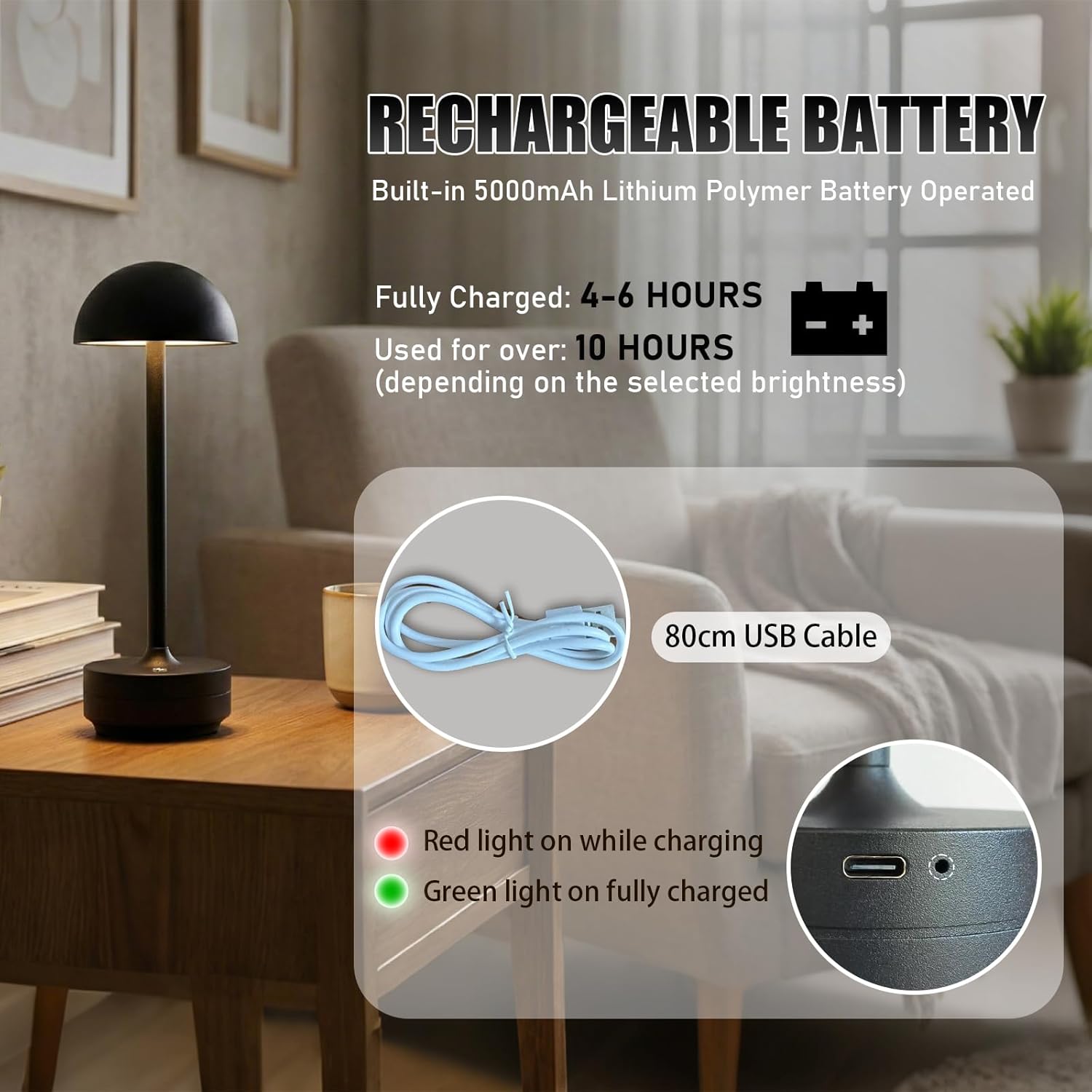 Cordless Table Lamp Rechargeable - LED Table Light Outdoor - 5000mAh Battery Operated Portable Touch Dimmable Lamps for Restaurant Patio Dining Room (Black-1)