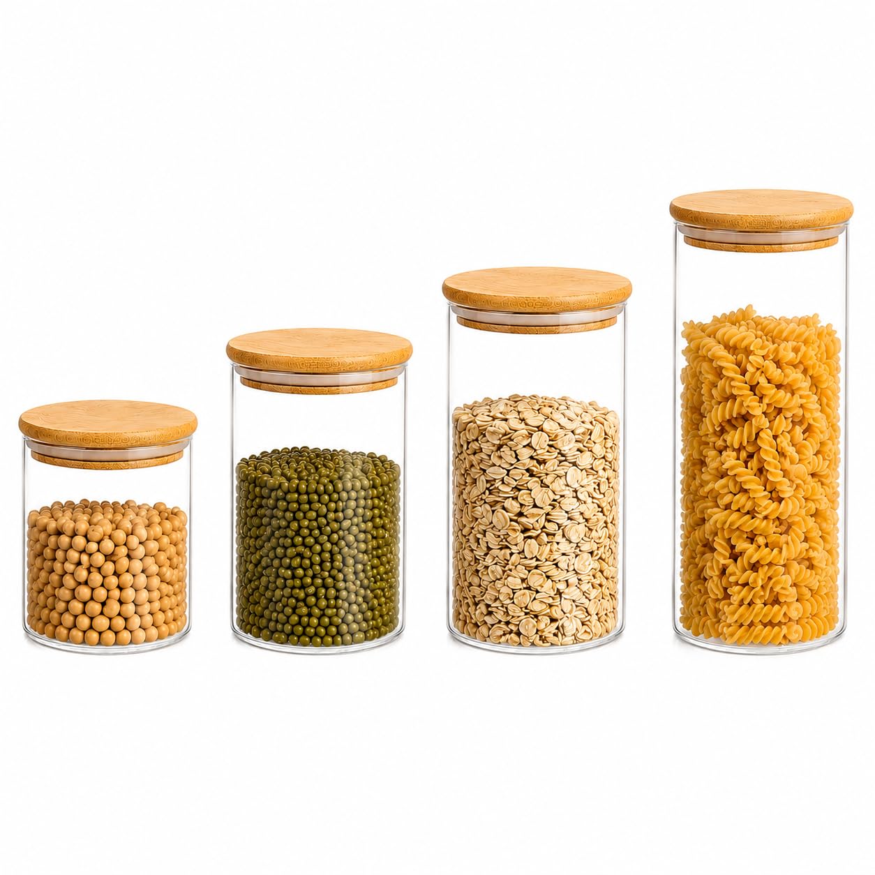 Bambu Kapaklı Cam Saklama Kavanozu Seti, 4'lü, 200ml, 250ml, 300ml, 390ml, Borosilikat Cam, Sızdırmaz Silikon Conta
