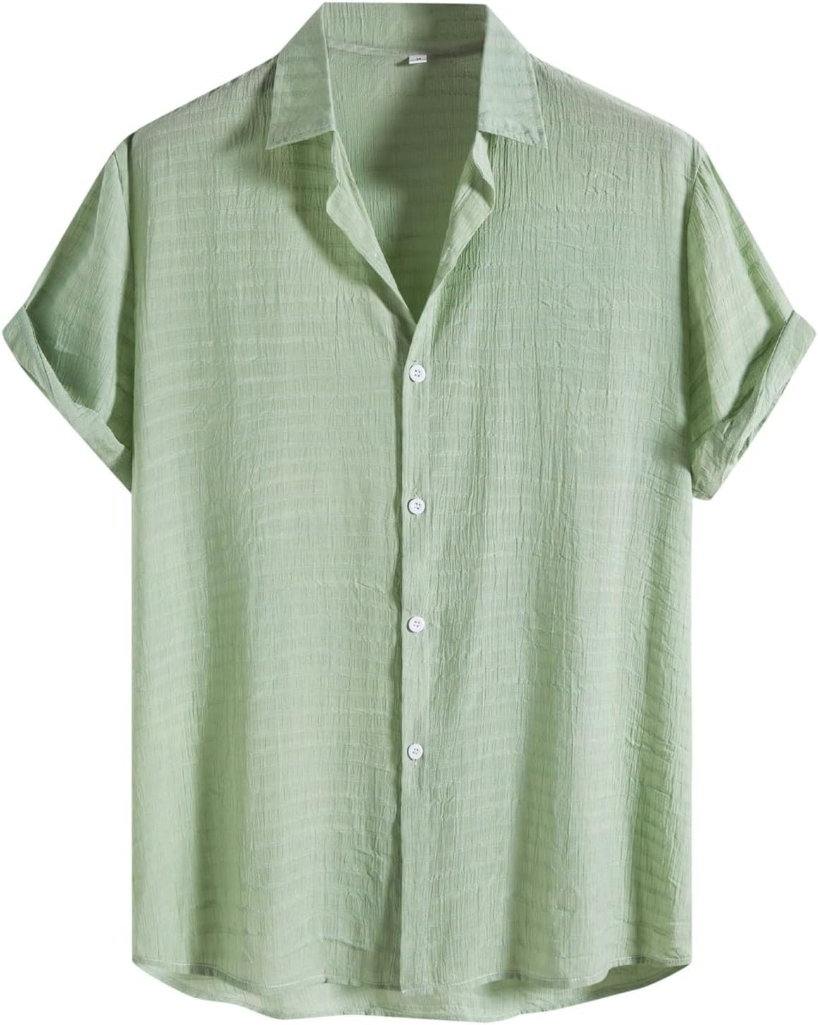 Mens T-Shirts Cotton Linen Shirts Short Sleeve Button Down Casual Summer Beach Tops Stylish Dress Blouse with Pocket