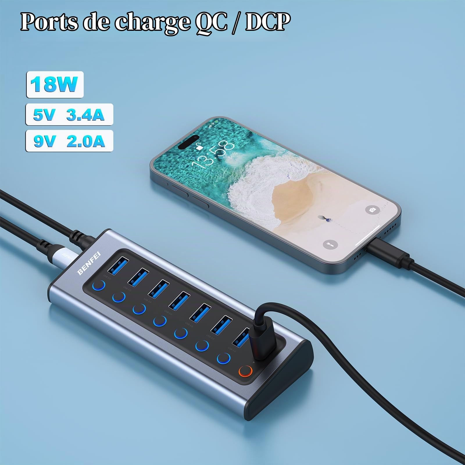 BENFEI Hub USB alimenté, hub répartiteur USB 3.0 8 Ports (7 Ports de Transfert de données Plus Rapides + 1 Port de Charge) avec Adaptateur Secteur et interrupteurs Marche/arrêt LED individuels
