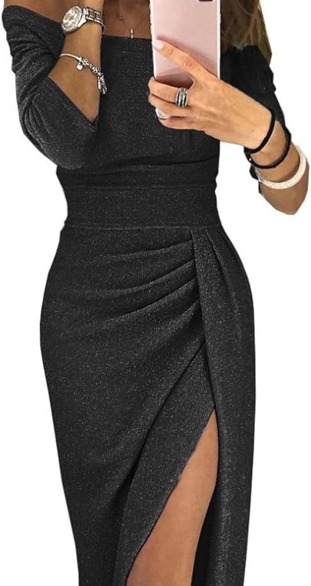 Women Evening Party Dress Elegant Long Sleeve Wrap Dresses Sexy Split Off Shoulder Ruched Bodycon Shiny Dinner Gowns Dresses for Cocktail Club Wedding