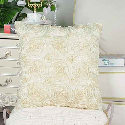 Miniatura 3 de CaliTime Paquete de 2 fundas de cojín, fundas de almohada para sofá, hogar, rosas sólidas, estéreo, floral, 20 x 20 pulgadas, beige