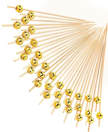 100 palillos de cóctel de bola de discoteca, palillos de dientes elegantes de 4.7 pulgadas para aperitivos, brochetas de cóctel de bambú decorativas