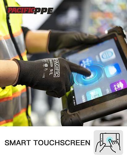 Vista 5 de PACIFIC PPE Guantes de trabajo con revestimiento de poliuretano, 18 pares, guantes de trabajo para pantalla táctil para hombres y mujeres, guantes