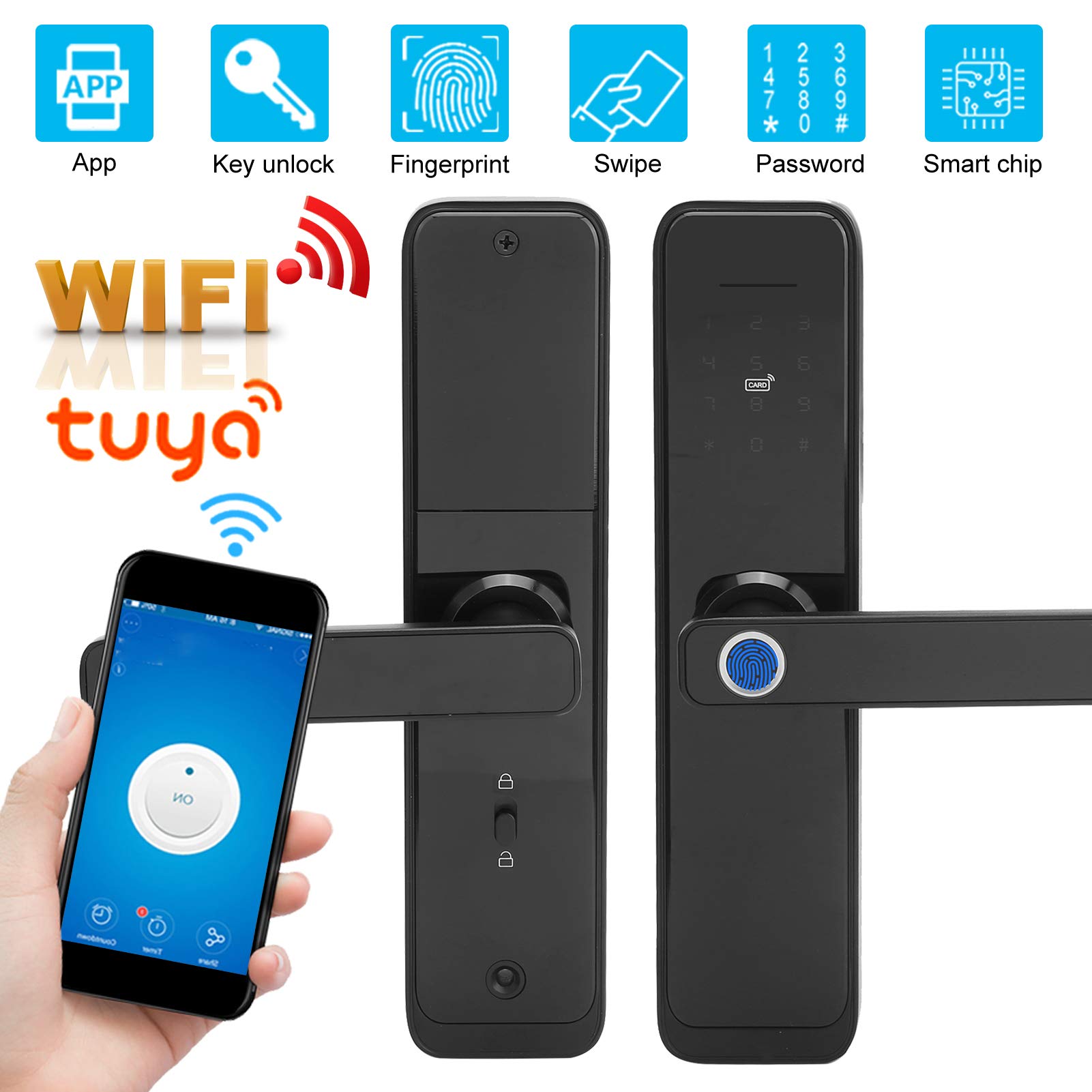 Cerradura de puerta inteligente Tarjeta de huella digital Llaves de contraseña Desbloqueo Seguridad impermeable Cerradura antirrobo Manija electrónica Wifi con panel táctil retroiluminado para Tuya