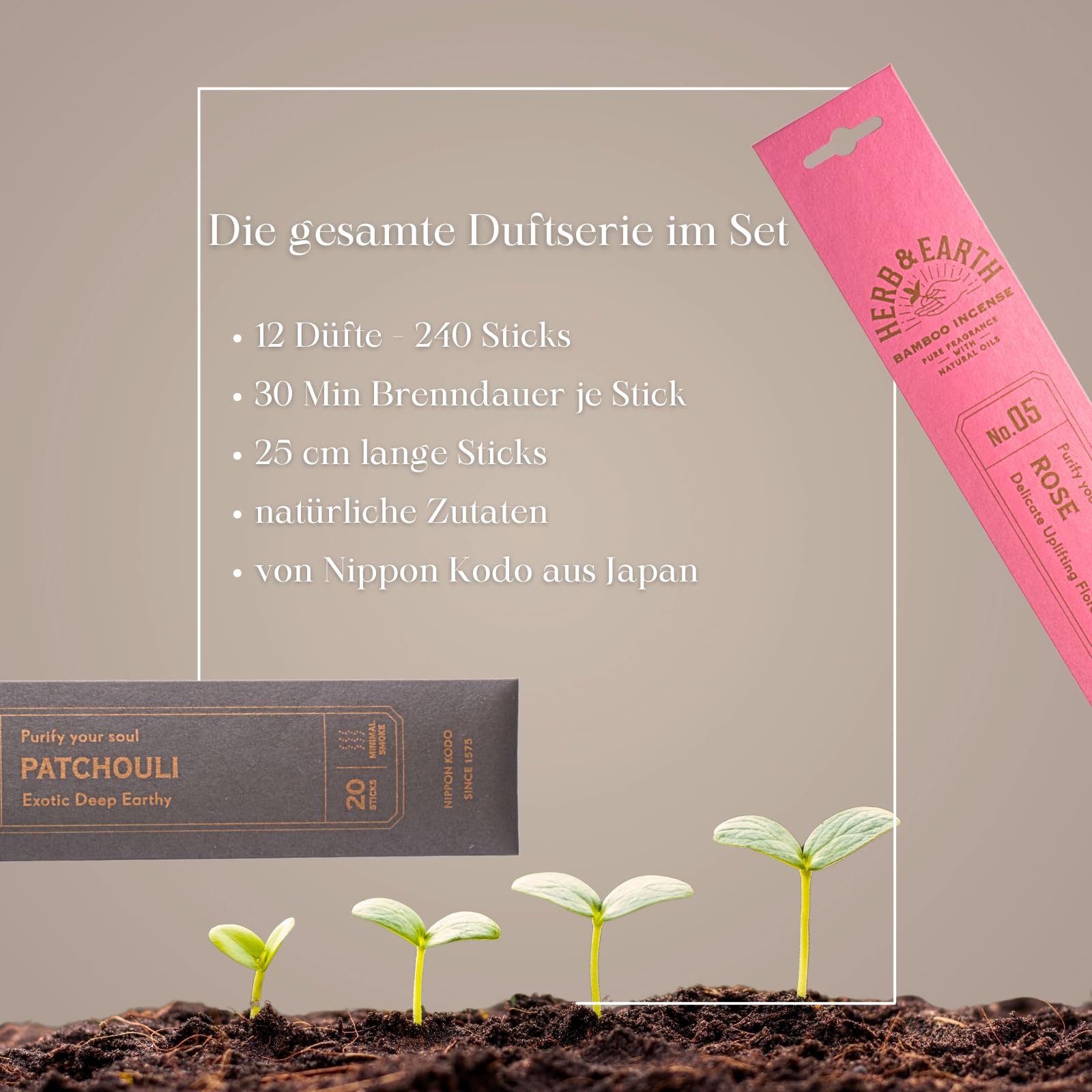 Nippon Kodo Herb & Earth Japanische Premium Räucherstäbchen 12er Set Alle Düfte | Natürliche Zutaten, intensiver Duft | 240 Sticks