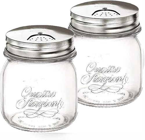 Bormioli Rocco Quattro Stagioni - Juego de 2 tarros Mason - Salero y especias con agujeros ajustables para vertido, 11 onzas, vidrio duradero, tapa