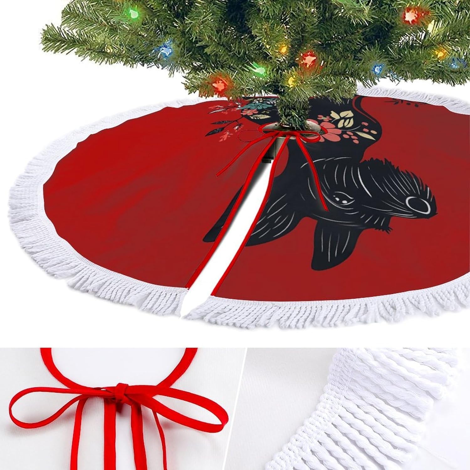 Scottish Terrier Floral Christmas Tree Skirt Round Xmas Tree Mat Ornaments Tree Skirts with Tassels for Holiday Party