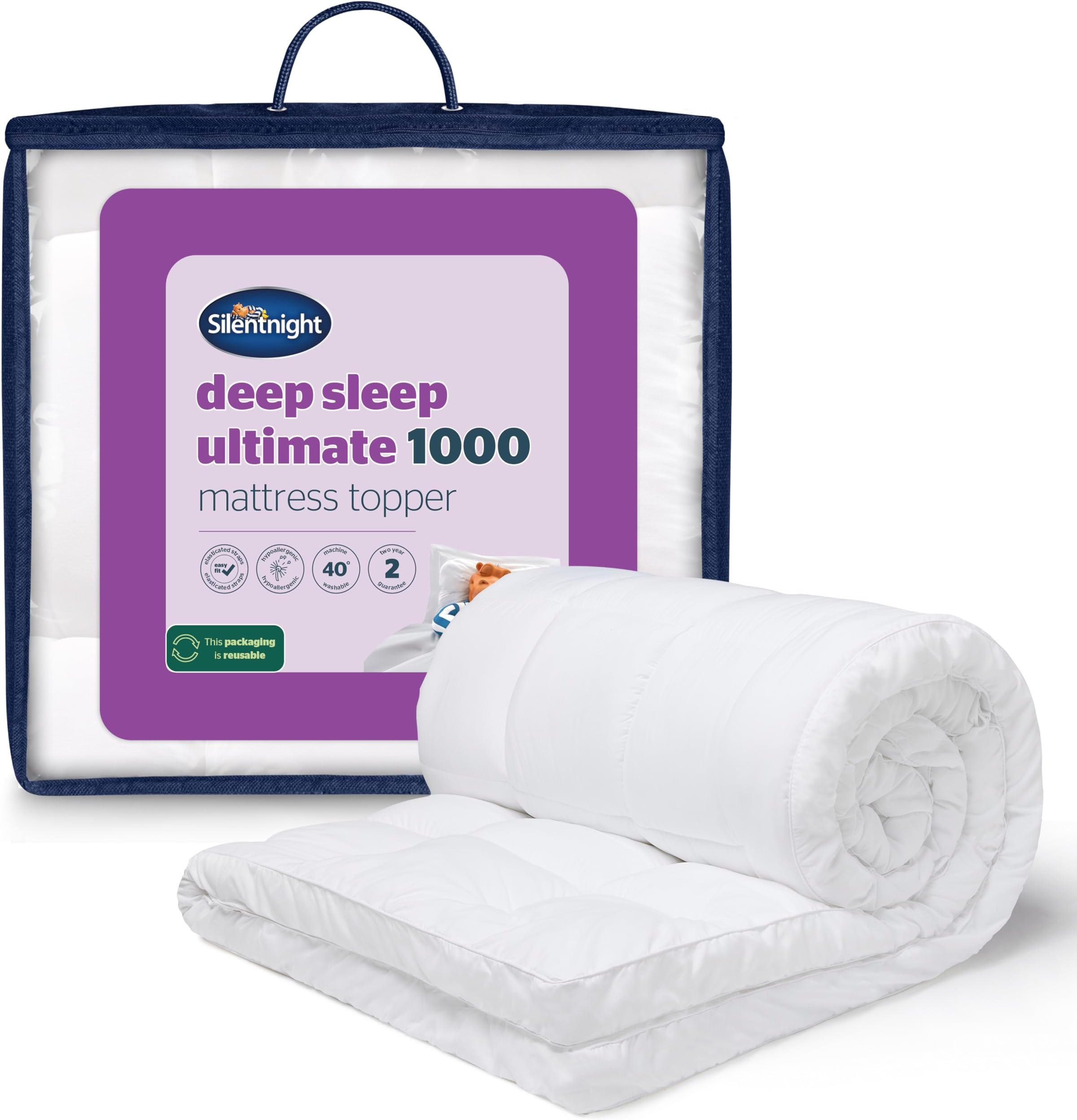 Silentnight Ultimate Deep Sleep 10cm Mattress Topper Double Bed - Luxury 4 Inch Thick Soft Mattress Enhancer Pad with Easy Fit Straps – Hypoallergenic and Machine Washable – Double – 190x135cm