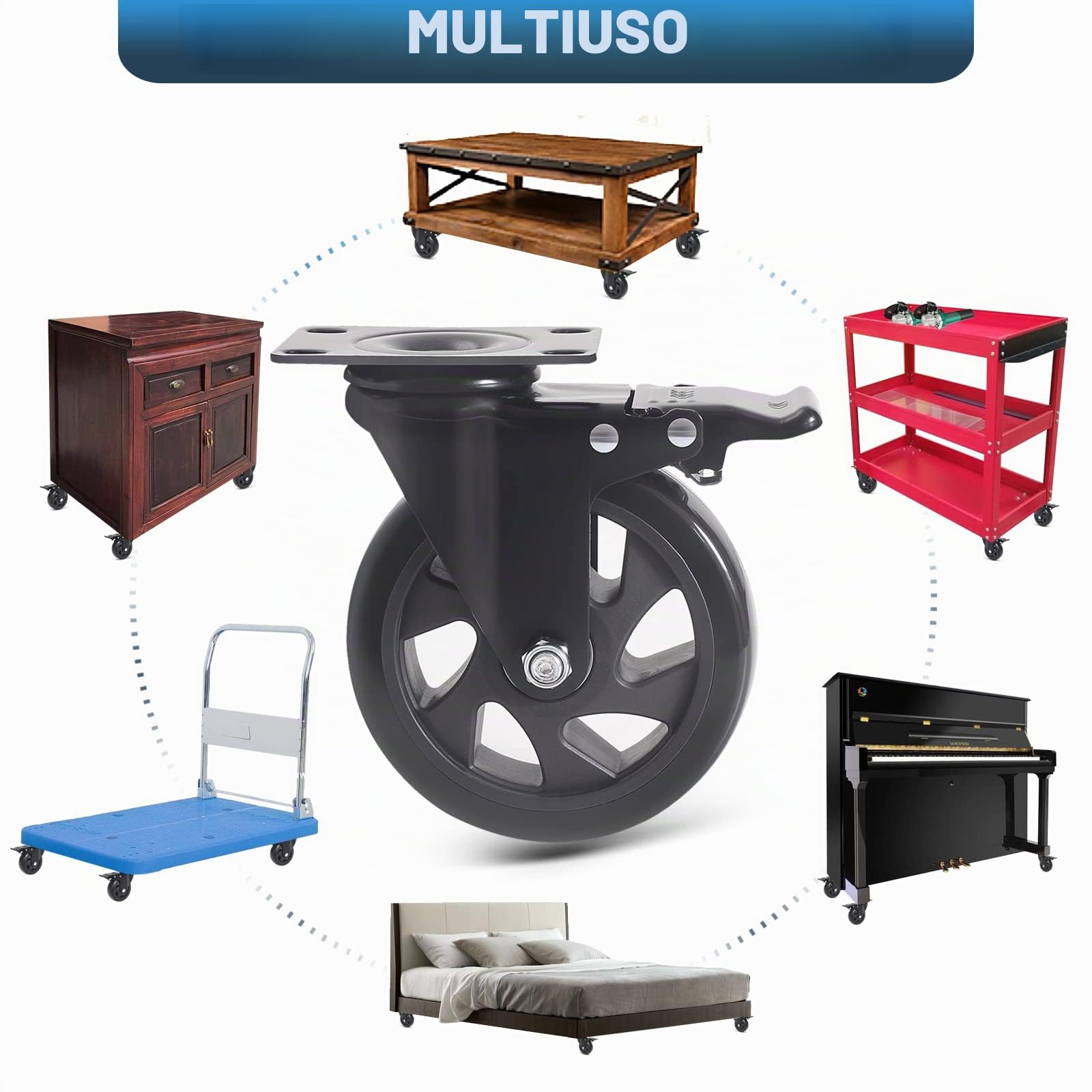 Ruote Per Carrello Pesanti con Freno 125MM, PU Rotelle per Mobili Ruote Girevoli a 360 Gradi, Set di 4 Doppio Cuscinetto Rotelle Pivotanti Capacità 800kg per Tavolo, Armadio(con Viti)