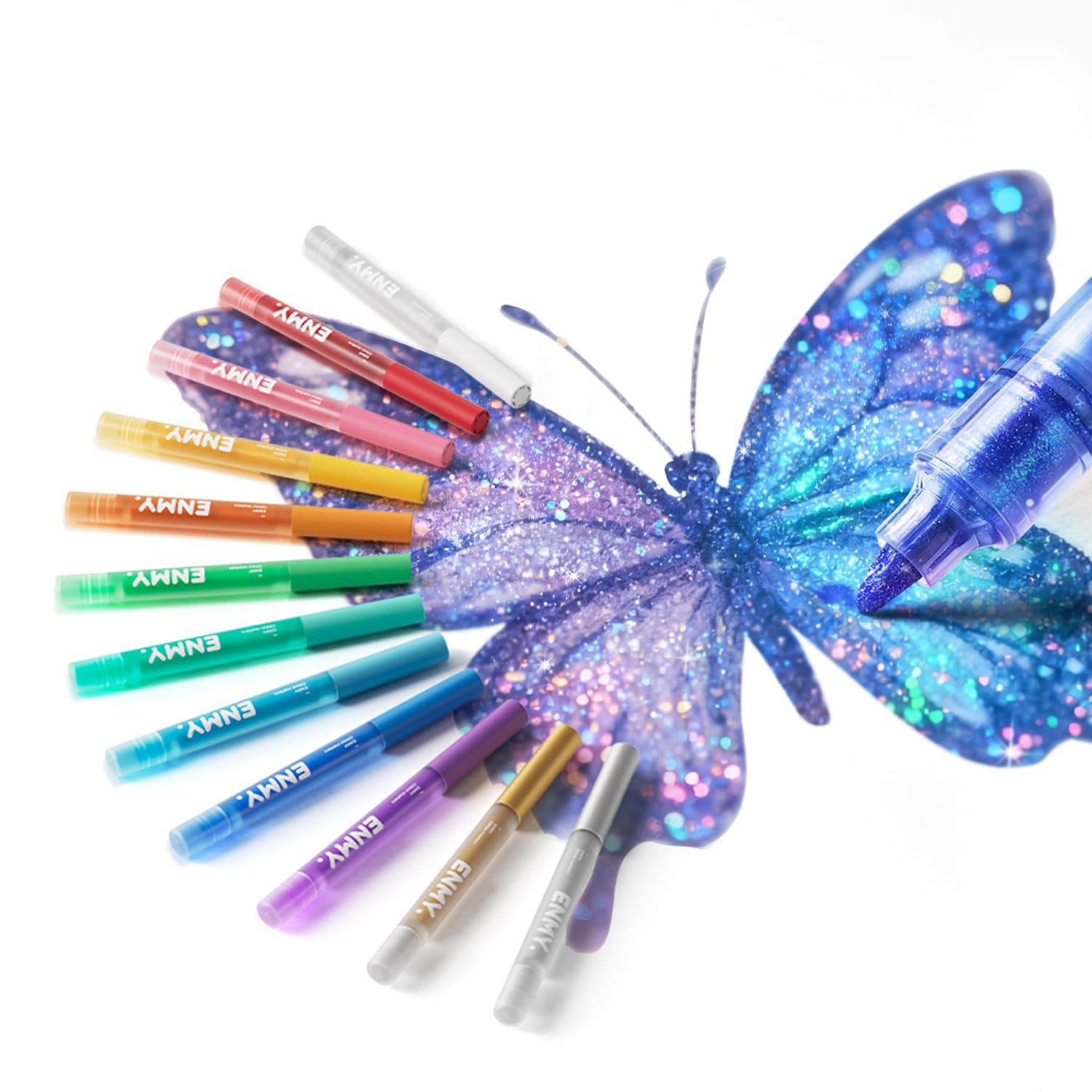 ENMY 12 Glitzer-Marker, funkelnde Acryl-Marker, schimmernde Malstifte feine Spitze, Tinte auf Wasserbasis; ideal zum Zeichnen sowie für DIY-Projekte, Gruß- & Geburtstagskarten, Poster, Alben und Holz