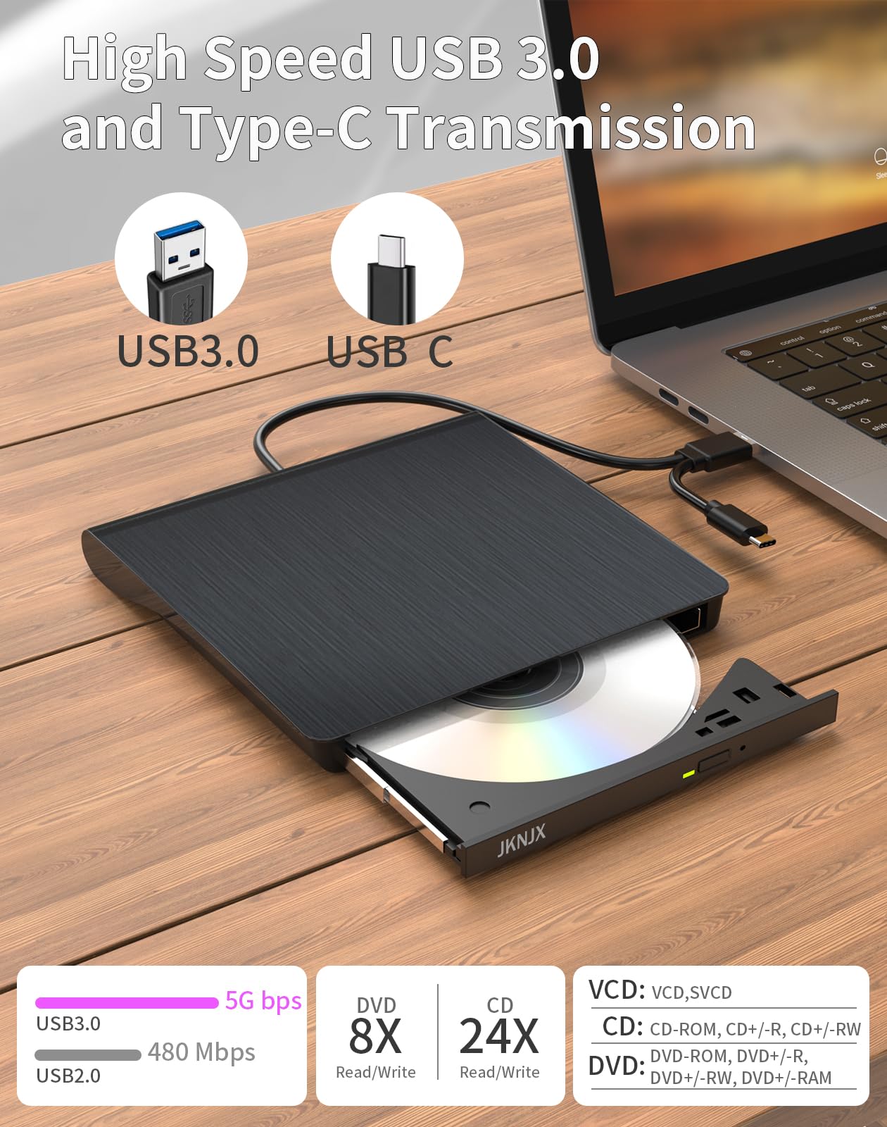 External CD/DVD Drive,High-Speed USB 3.0 and Type-C,Slim Portable Burner Writer Player Reader,CD DVD +/-RW Optical Disk Driver Compatible with Laptop Desktop PC Windows Apple Mac Pro MacBook Linux — view 3
