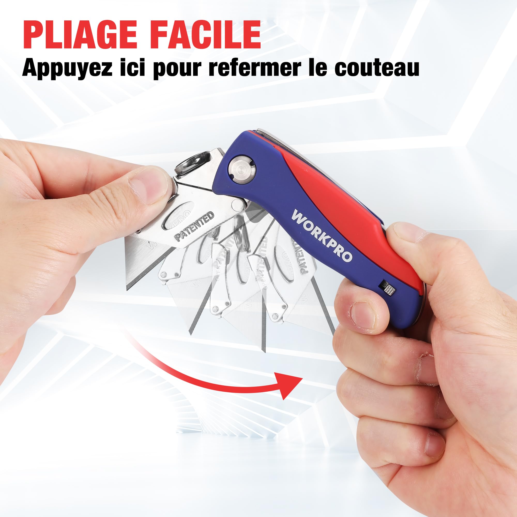 WORKPRO Cutter Professionnel Pliant, Cutter Utilitaire avec Mécanisme de Changement Rapide & Verrouillage de Boutton, Cutter Rose avec 13 Lames SK5 Supplémentaires, Idéal pour Coupe