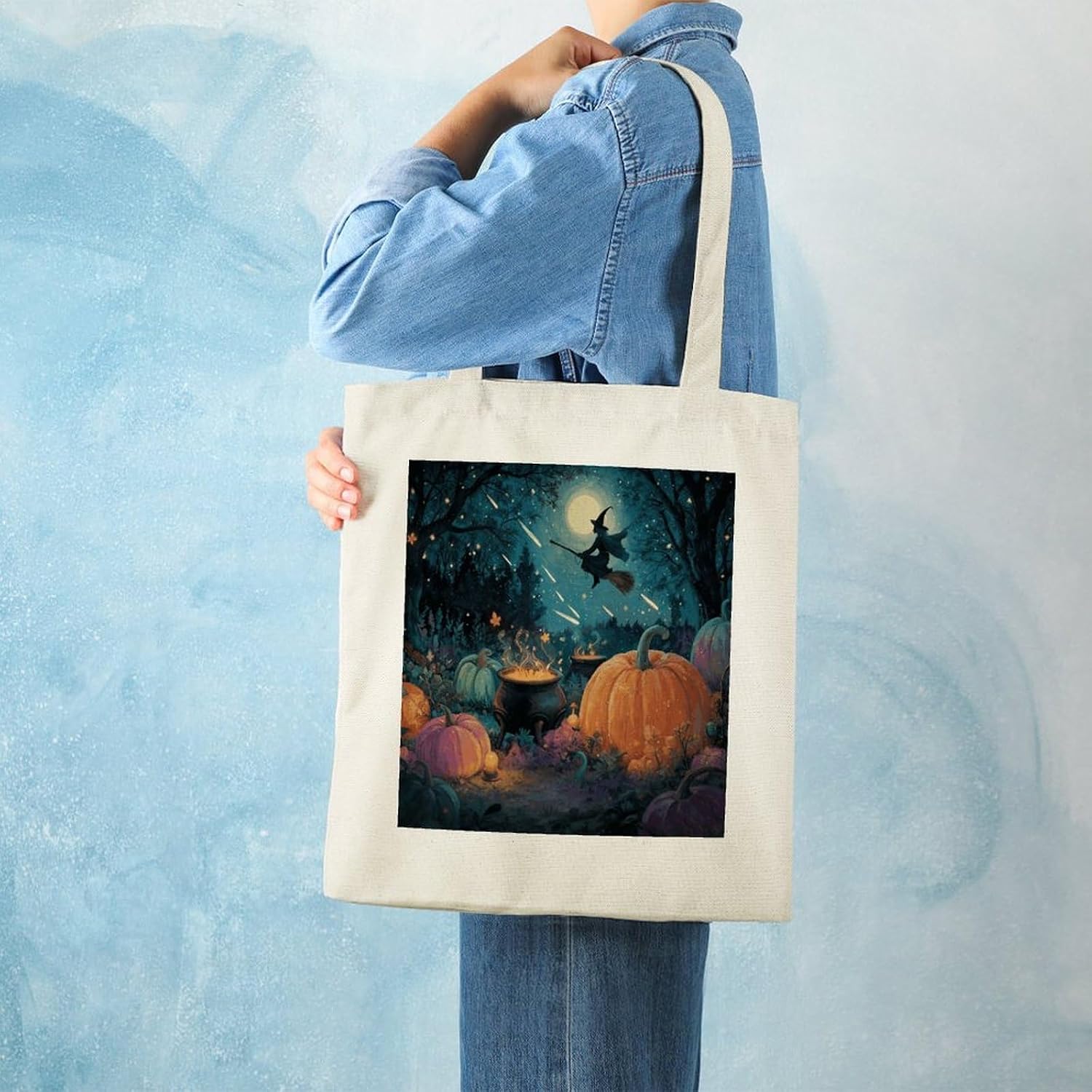 Halloween Broomstick-Riding Witch Canvas Tote Bag Aesthetic Tote Bag image 2