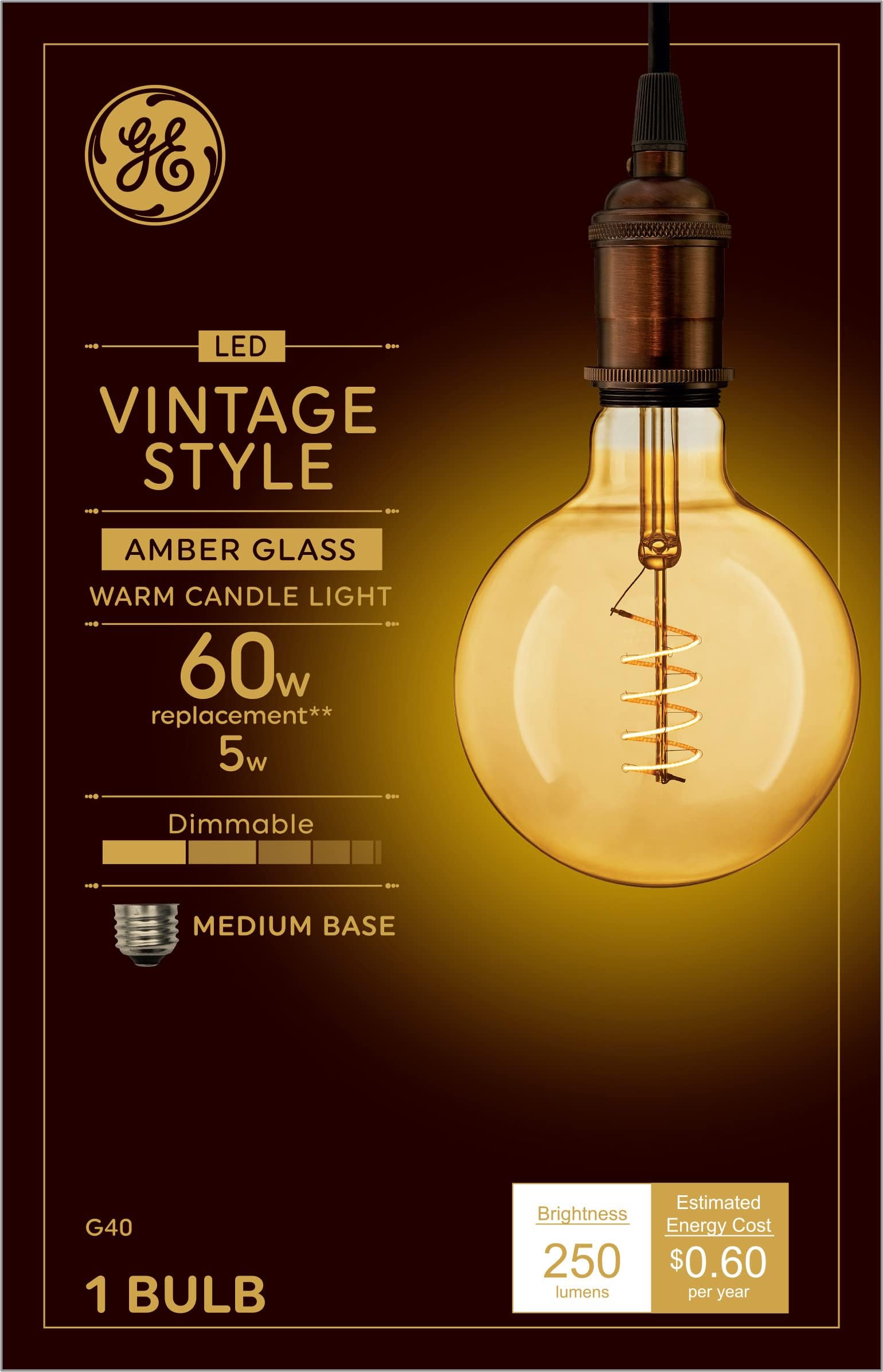 GE Vintage Style LED Globe Light Bulb, 5 Watts (60 Watt Equivalent) Warm Candle Light, Amber Glass, Medium Base, Dimmable (1 Pack)