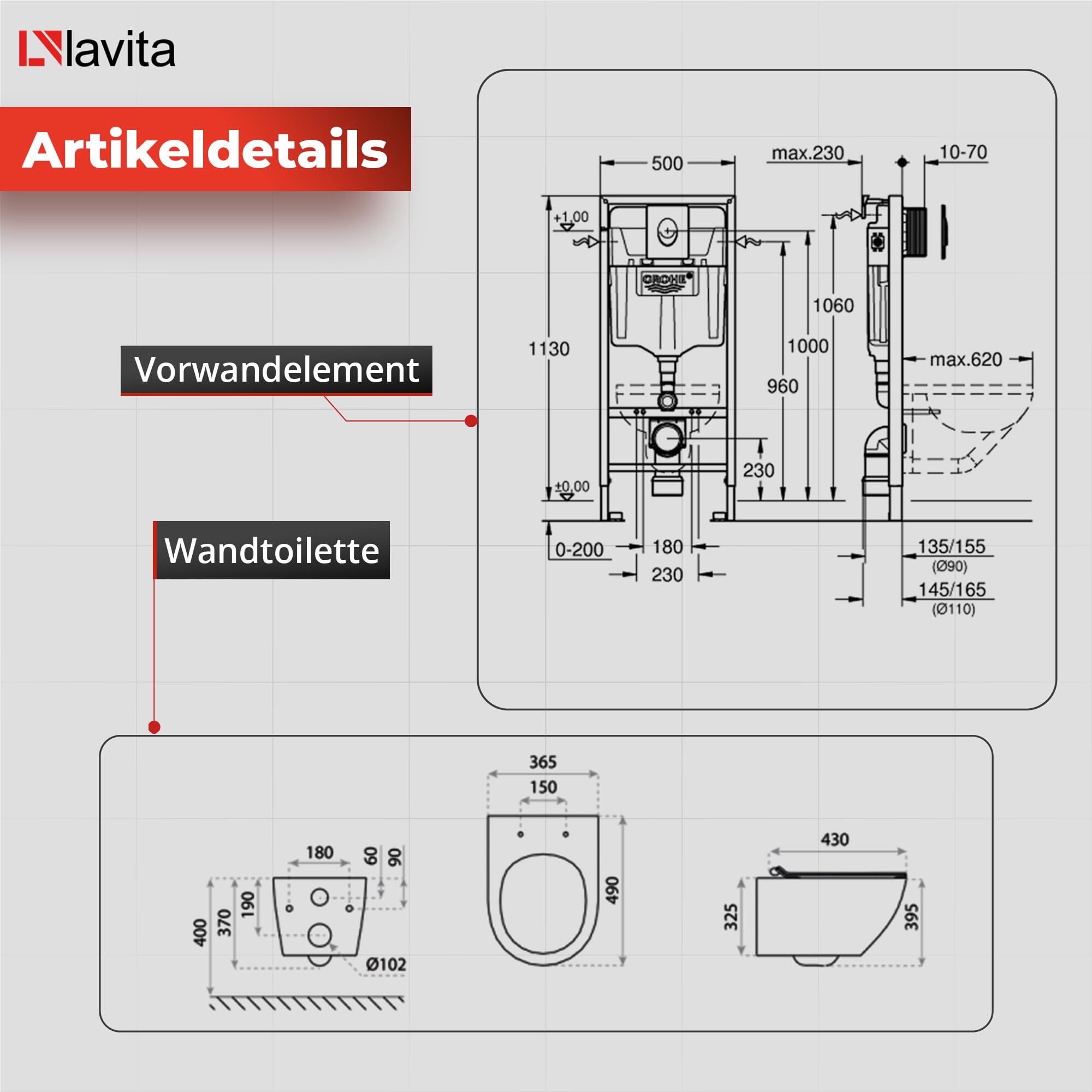 Lavita Vorwandelement Solido Start + Wand Hänge WC Sofi Slim Checked Gold Spülrandlos + WC Sitz mit Absenkautomatik Verchromter Knopf Komplettset Unterputz Spülkasten Toilette Komplett Sett WC