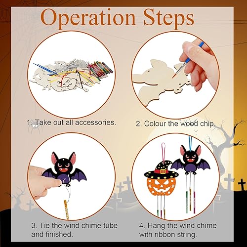 Miniatura 6 de KATOOM Paquete de 9 carillones de viento para niños, kits de manualidades de Halloween, carillón de viento de madera, adornos decorativos para