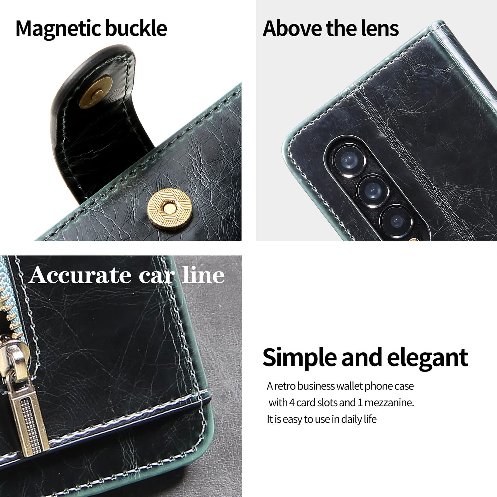 Etui portfelowe na Galazy Z Fold 3, zamsz retro ze skóry PU na zamek foliowy ochraniacz ekranu etui z klapką z magnetycznym zapięciem, etui na karty i podpórka dla kobiet do Galazy Z Fold 3, niebieskie