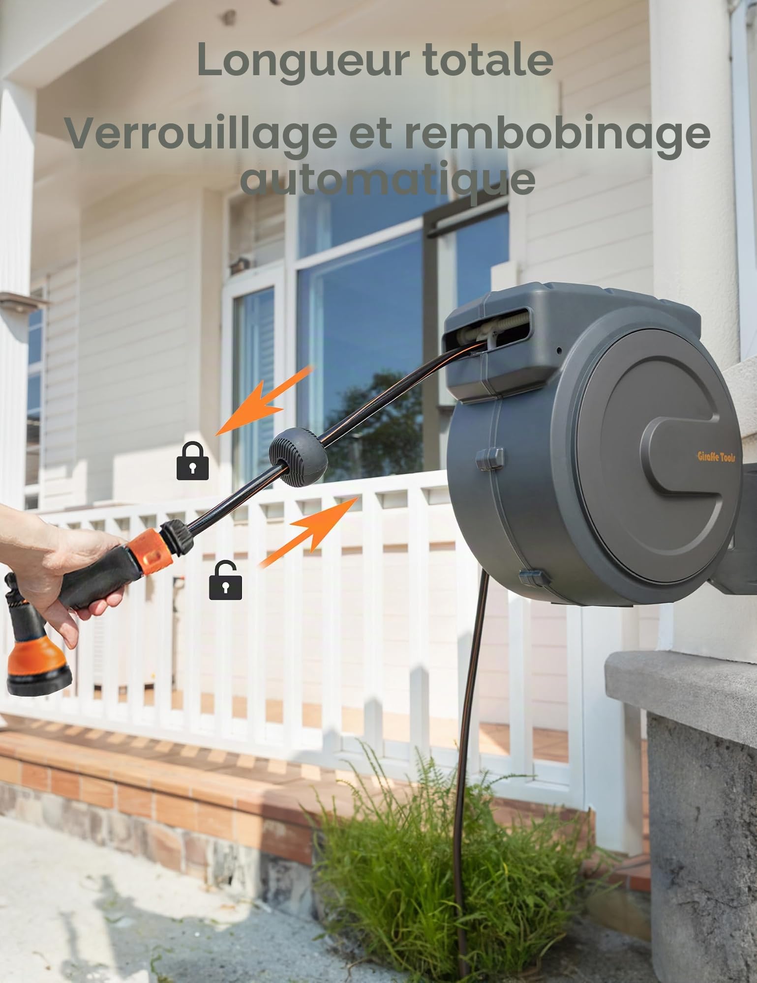 Giraffe Tools Enrouleur de tuyau d'arrosage avec répartiteur de robinet et couvercle, tuyau rétractable de 30 m