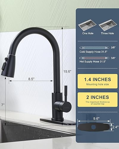 Vista 207 de WOWOW - Grifo de cocina cromado con rociador, grifo de fregadero de cocina extraíble de acero inoxidable con placa de cubierta, grifo de cocina