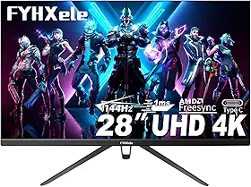 FYHXele Monitor Gamer 4K Uhd 28", 144Hz, 1Ms, Ips com Hdr400, 100% Srgb, Amd Freesync/G-Sync, Jogos e Escritório, com Entradas Type-C/Hdmi/Usb, Alto-Falantes Integrados, Montagem Vesa e Filtro Luz