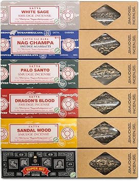 Satya Smudge Incense Sticks Assorted Set 6 Pack 25g Each with JRose Wooden Incense Holder Thick Hand Rolled Masala Incense White Sage Nag Champa Palo Santo Dragon s Blood Sandalwood Super Hit