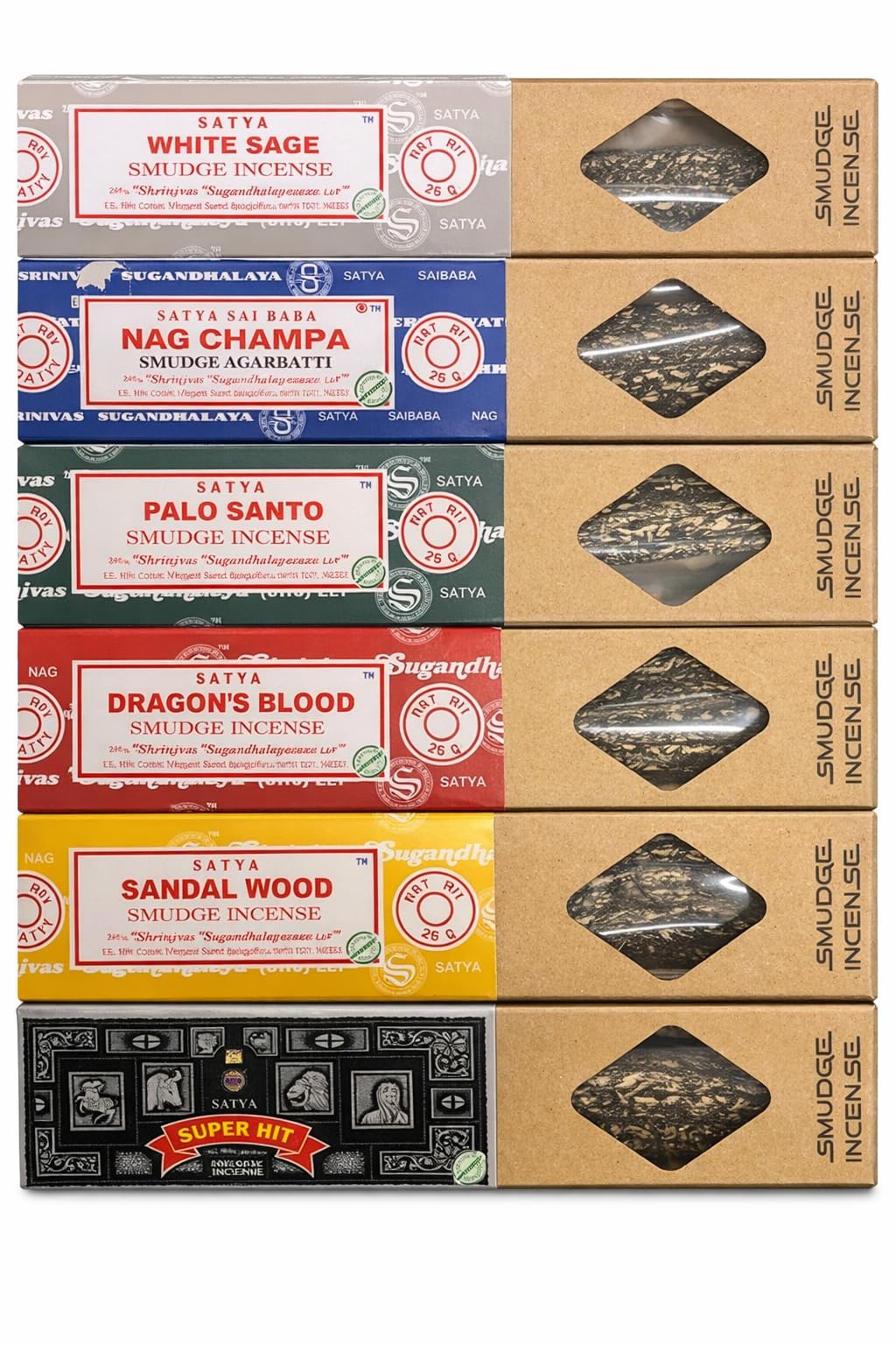 Satya Smudge Incense Sticks Assorted Set 6 Pack 25g Each with JRose Wooden Incense Holder Thick Hand Rolled Masala Incense White Sage Nag Champa Palo Santo Dragon’s Blood Sandalwood Super Hit