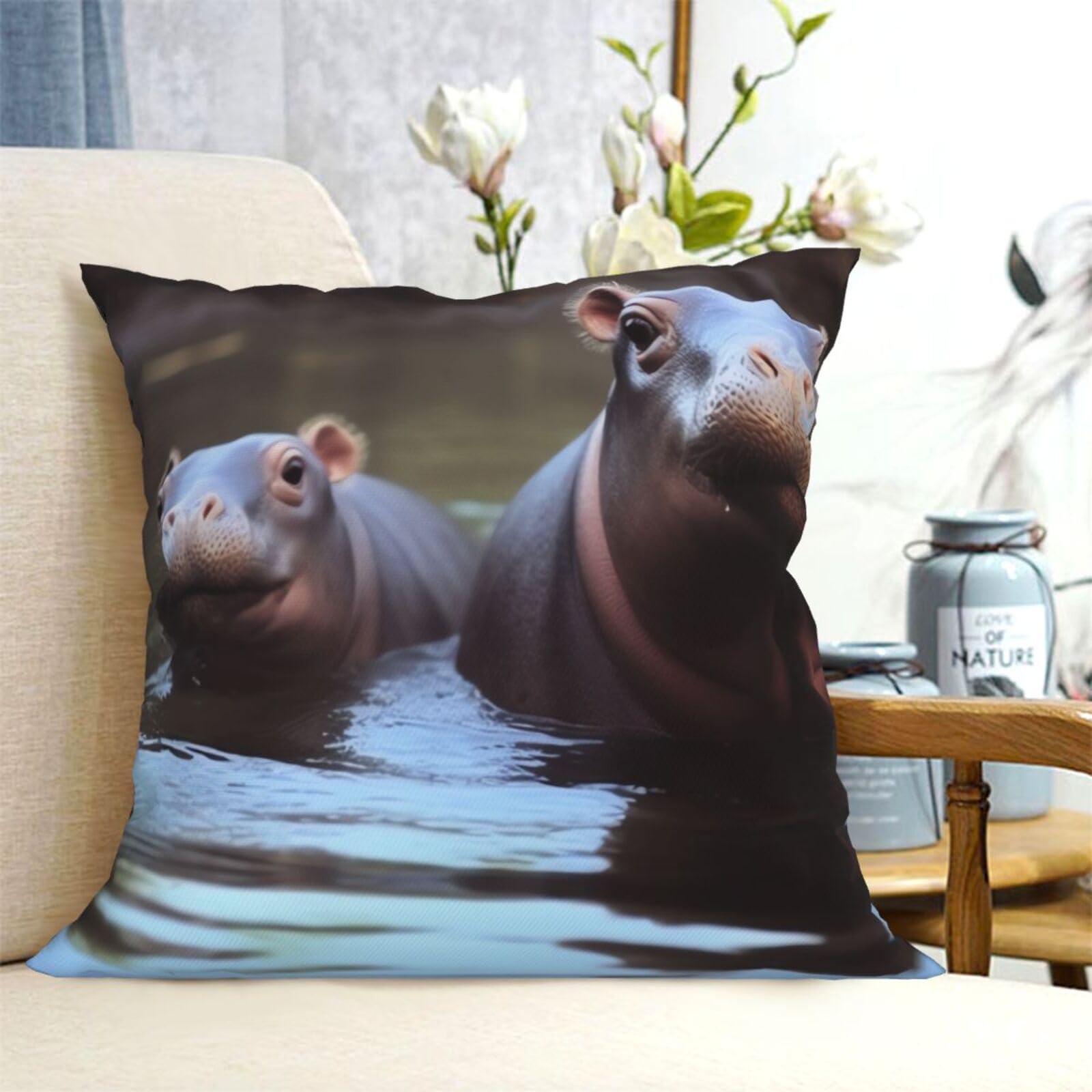Fodpand Black Decorative Throw Pillow Covers 18"X18" Hippos Cushion Cases Square Modern Farmhouse Pillow Cases Soft Cozy Cushion Covers For Couch Sofa Bedroom Home Decor Pillowcase