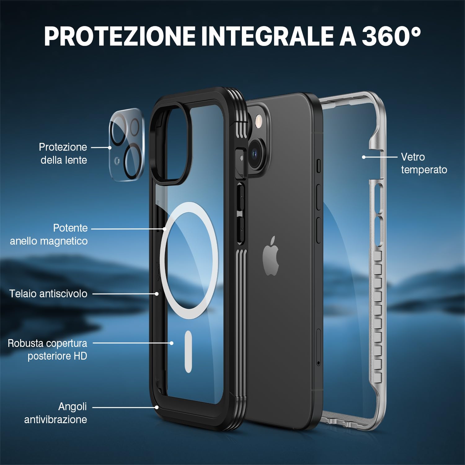 CENHUFO Cover Magnetica iPhone 15, [Compatibile con Magsafe] Integrata [9H HD] Vetro Temperato Schermo e Protezione Fotocamera, Custodia Antiurto 360 Gradi Fronte Retro Doppia Faccia Case - Nero
