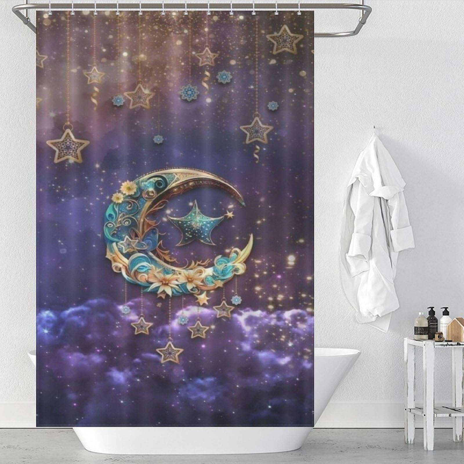Rideau de douche lune et étoiles anti-éclaboussures en tissu lavable avec crochets