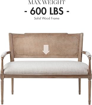 Madison Park Willshire Natural Rattan Settee, Upholstered Seat - Charming Country Design, Rustic Reclaimed Wood Finish, Ratan Insert Backrest & Padded Arm Rest, 47.25 Wide Beige/Reclaimed Natural