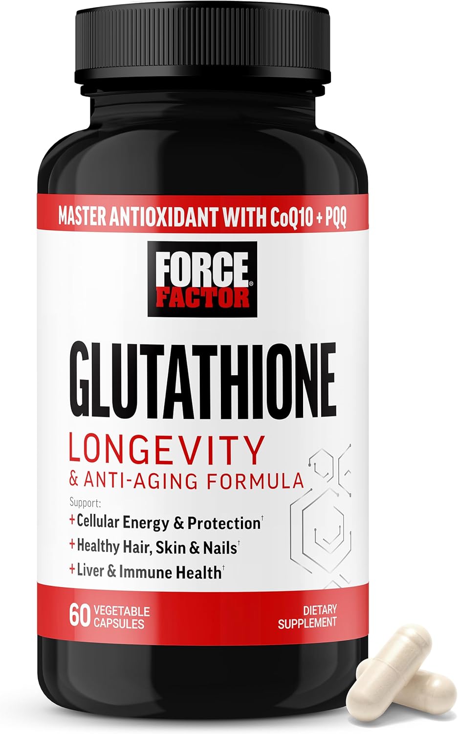 Force Factor Glutathione Longevity & Anti-Aging, Reduced Glutathione Supplement with CoQ10 & PQQ, Master Antioxidant Formula to Support Immune Health, Skin, Cellular Energy & Liver Detox, 60 Capsules