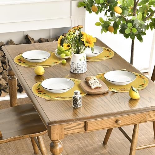 Miniatura 5 de Artoid Mode Juego de 4 manteles individuales redondos de Acción de Gracias con girasoles amarillos de 14 pulgadas para decoración de comedor