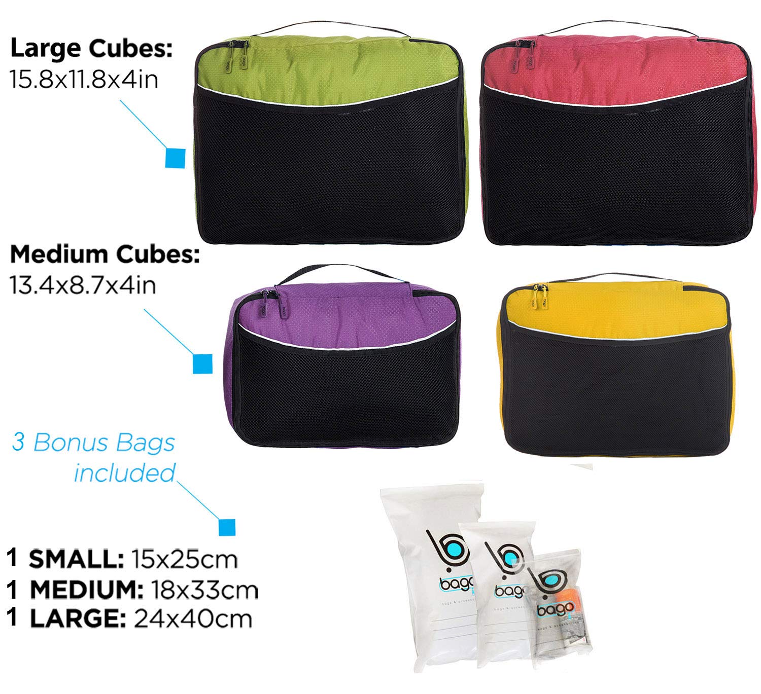 Bago Set di 7 cubi di imballaggio per valigie e borse da viaggio – Cubi da imballaggio a compressione per organizzatore da viaggio – 4 cubi da viaggio più 3 sacchetti con cerniera (verde, rosso, M