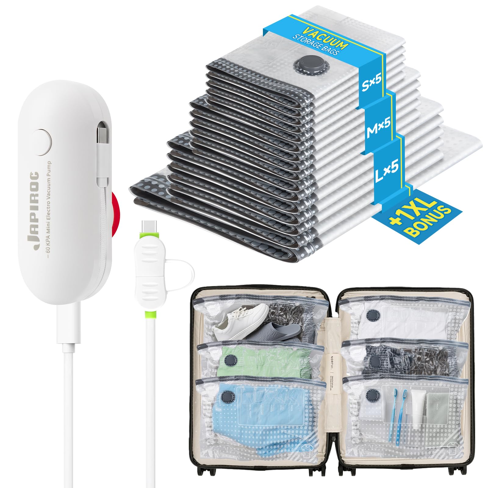 Reise-Vakuum-Aufbewahrungsbeutel mit USB-betriebener elektrischer Pumpe, 16 Stück Vakuumbeutel für Kleidung, Reisen, platzsparende Taschen für Gepäck, Koffer, Rucksack und Heimorganisation