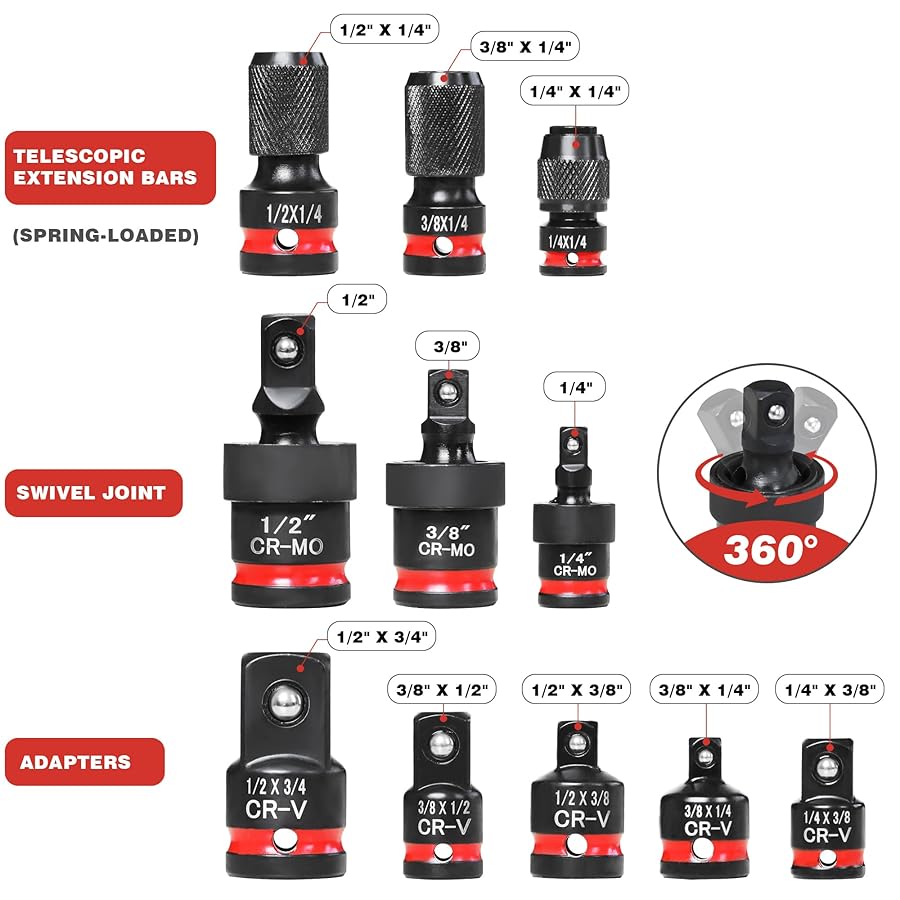 AmazingFree 11-Piece Impact Socket Adapter Set-Impact Rated Drill Socket Adapters&Extensions,1/4" 3/8" 1/2" Drive,CR-V&CR-MO Steel,Ball Detent for Secure Fit,Essential Tool Kit for Car/Home Repair - image 2