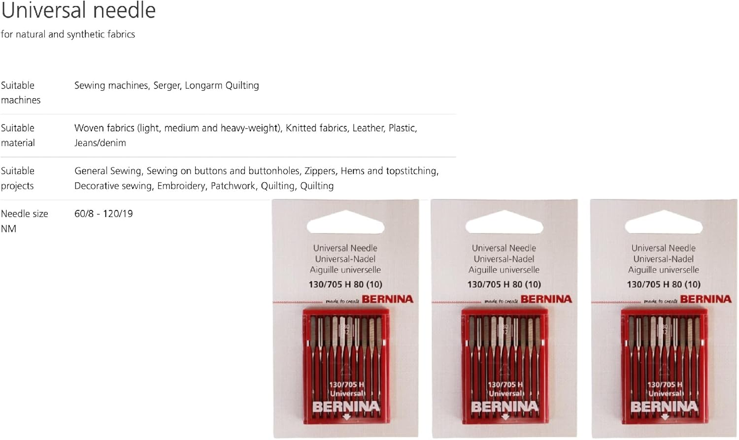 Bernina Genuine Sewing Machine Needles Universal (Pack30) H80 for Sewing Quilting Patchwork - Image 2