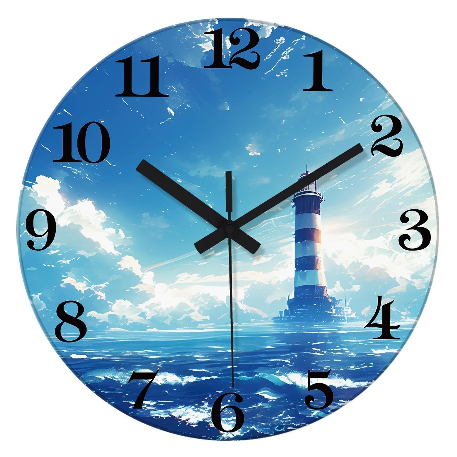 Office Wall Clock Modern 20 Inch Coastal Blue Wall Clock Lighthouse Glass Silent Clock Battery Operated