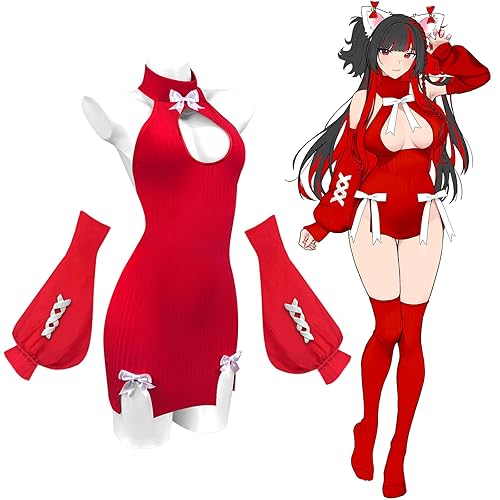 KORURACLUB Hollow Out Dress Sweater Costume premium sweater cosplay lingerie Mini Dress Sexy Lingerie - Red - Large-X-Large