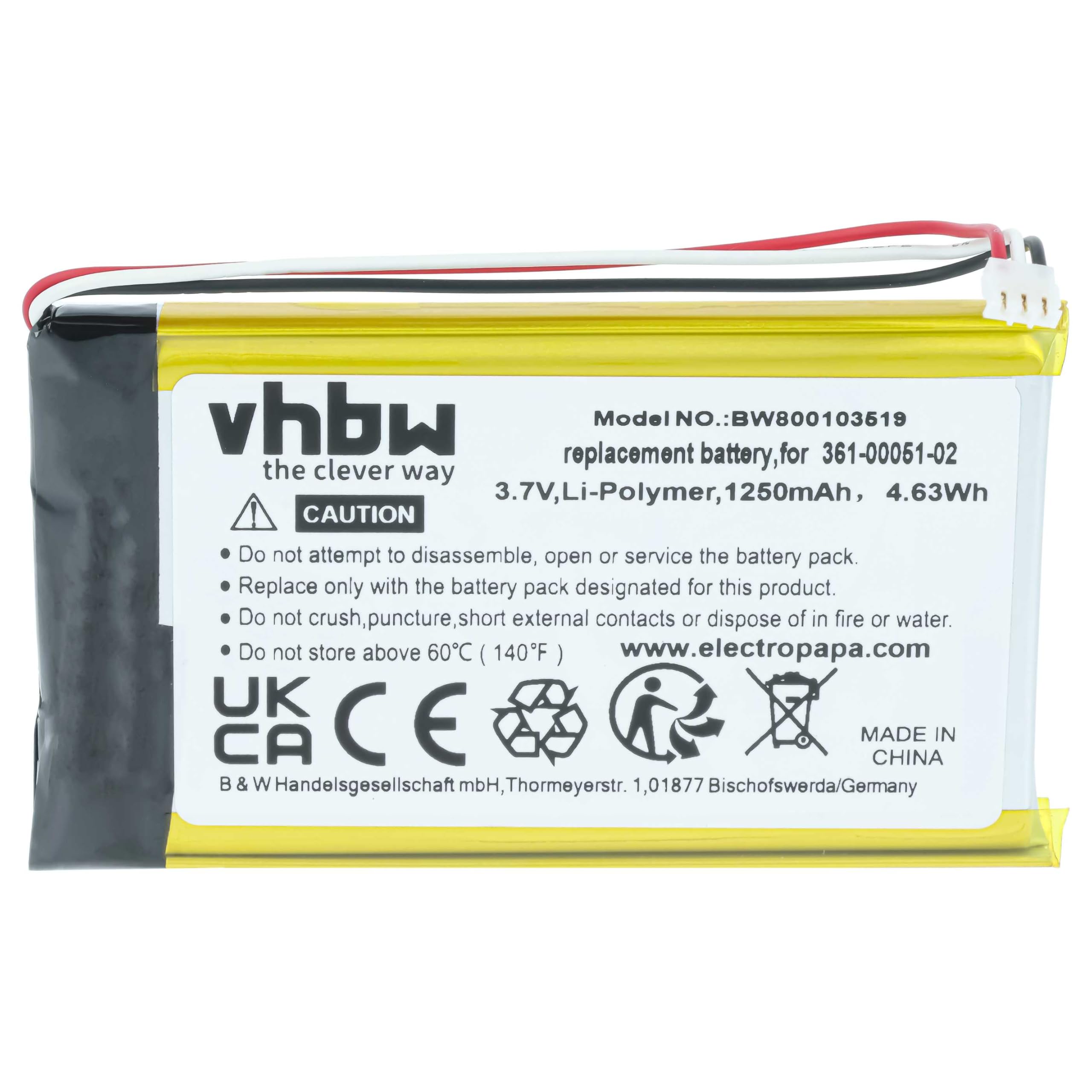 vhbw Bateria zamienna do Garmin 361-00051-01, 361-00051-02, 361-00051-00 do nawigacji GPS (1250 mAh, 3,7 V, Li-Ion)