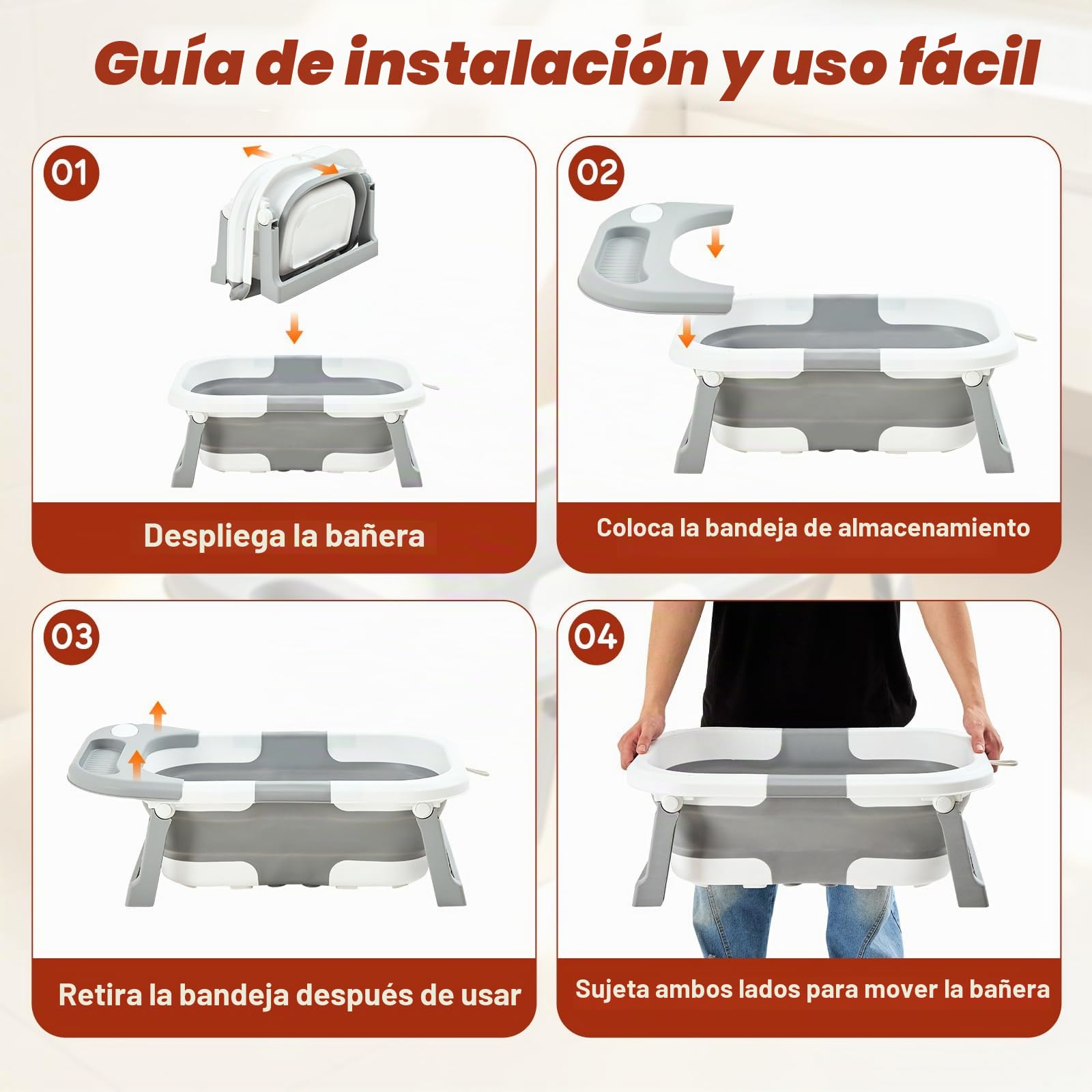 Bañera para bebés FUNLIO con soporte, bañera plegable y soporte de madera plegable para bebés de 0 a 24 meses, soporte seguro de 8 puntos, capacidad de 50 kg — Ergonómica y cómoda para la espalda