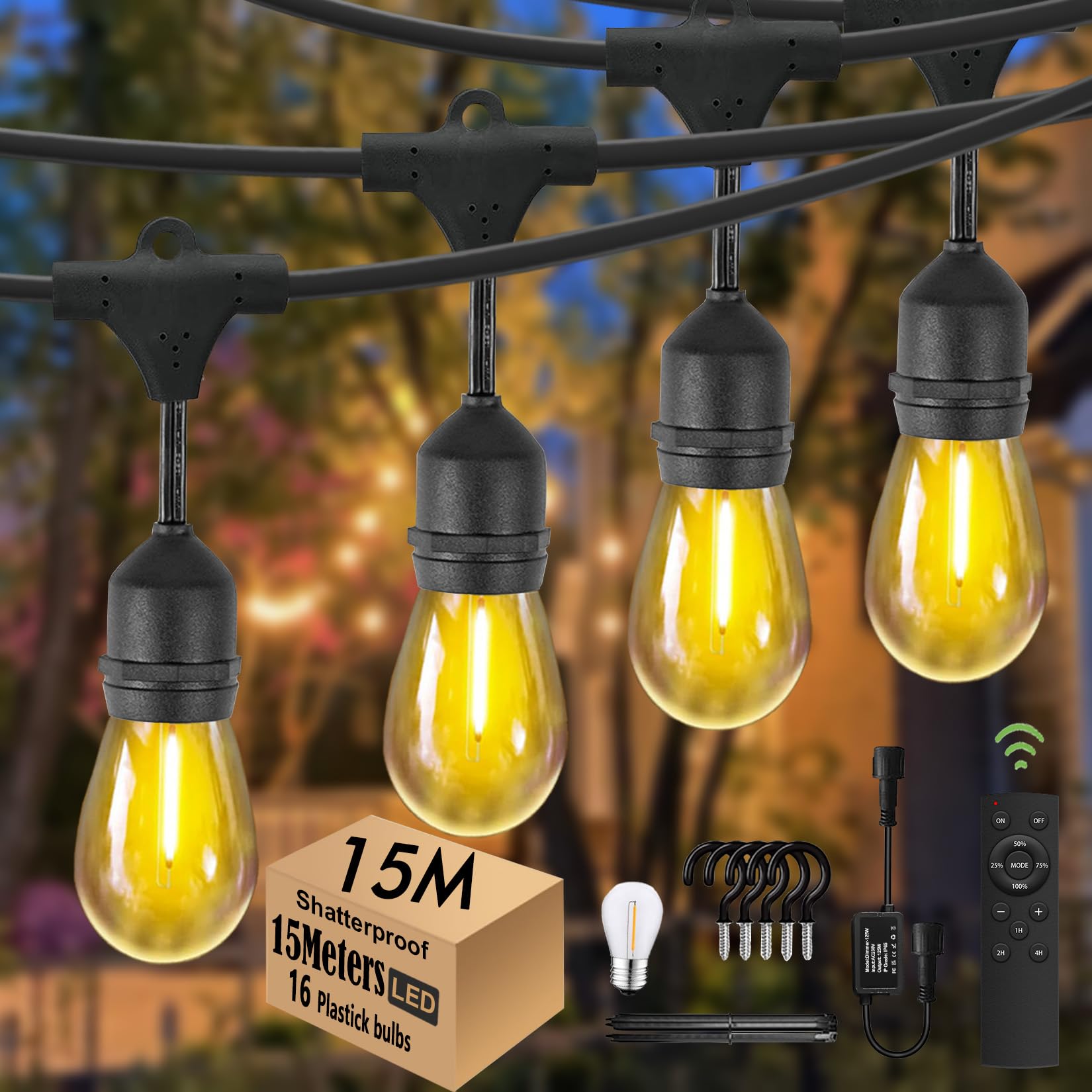 Skeerei 15M Festoon Lights with Remote,Dimming&Timing&3 Light Modes,Garden Lights Waterproof with 2.6M Extension Cable,15+1 led S14 2700K Bulbs for Pergola Garden Backyard Fence, Linkable — image 1