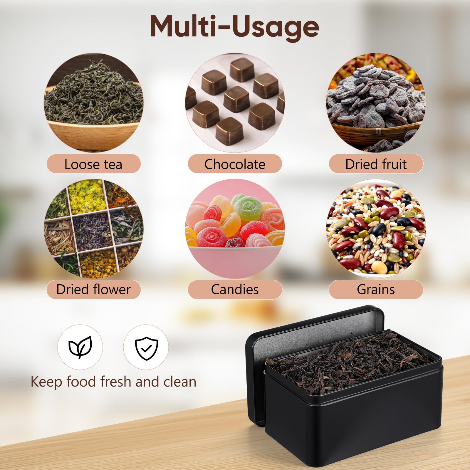 jojofuny Caja de Hojalata Organizador Compacto Rectangular Negra para Almacenar Té Bordes sin Costuras y Cierre Fácil para Almacenamiento Hogar y Viajes