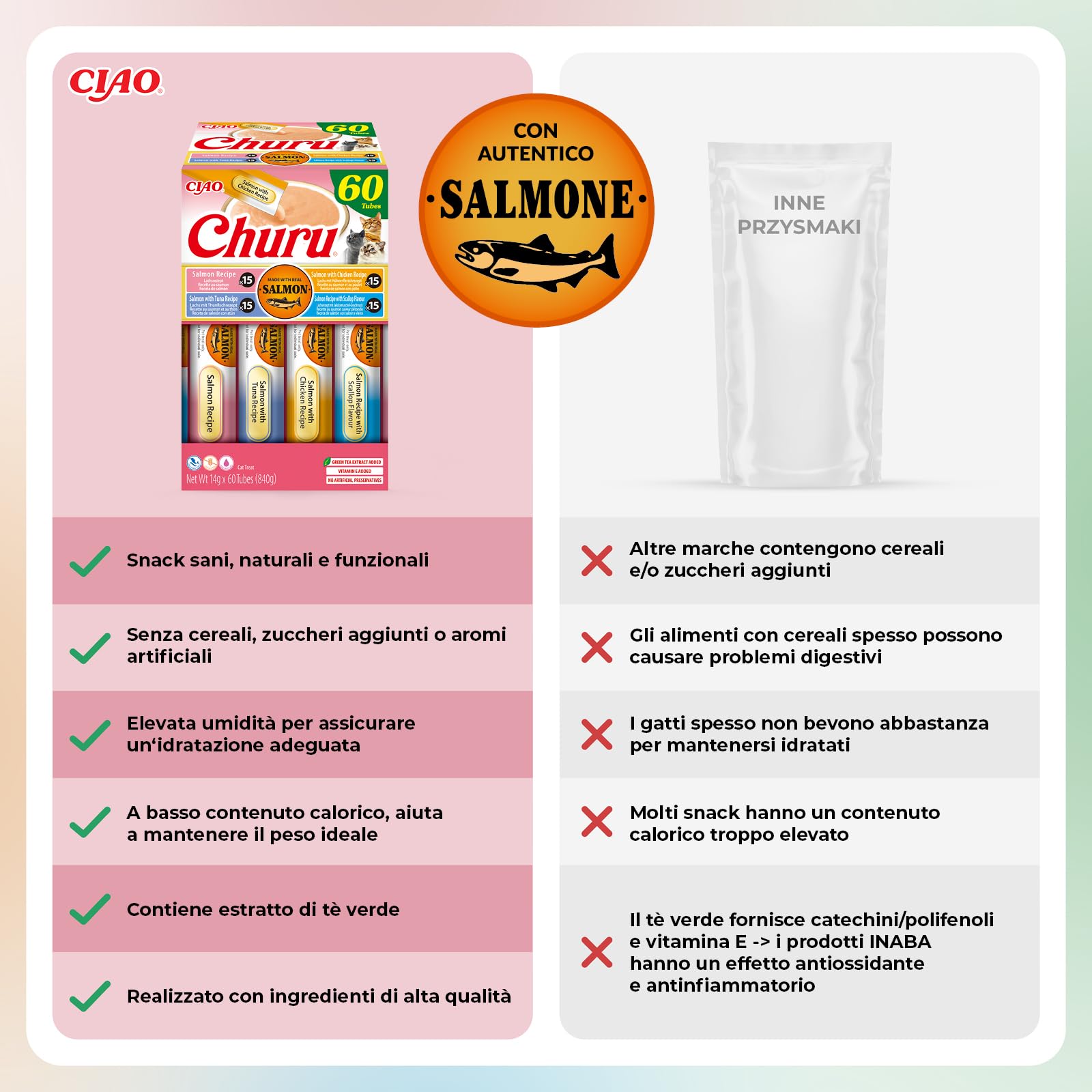 INABA Churu Salmon Variety Pack, Snack Cremosi per Gatti in Morbido Purè da Dare a Mano, Ricette con Salmone, Tonno, Pollo e Capesante, Ingredienti di Alta Qualità, Ricchi di Umidità, 60 stick da 14g