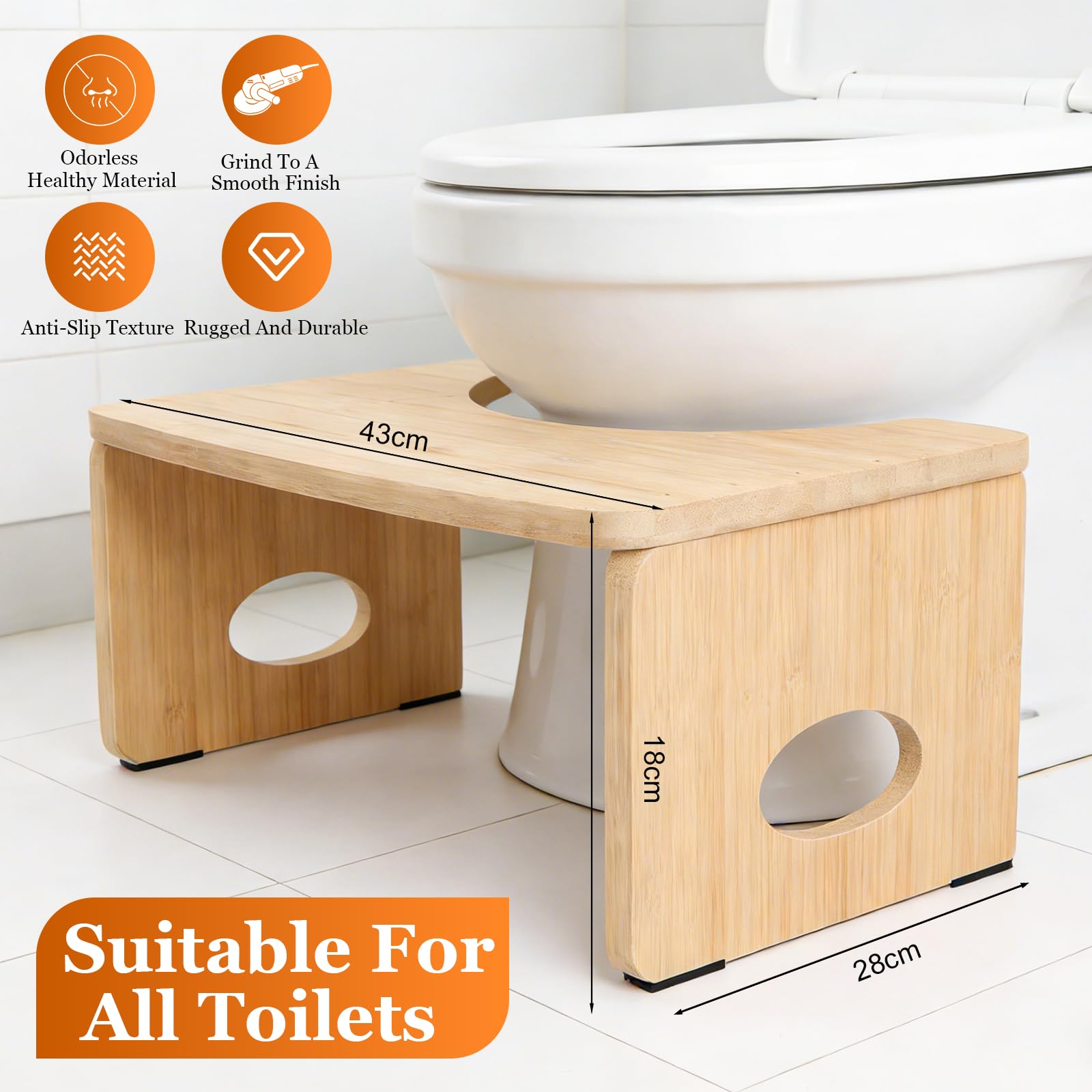 FlexStep Klapp-Toilettenhocker 18 cm | 150 kg FSC-Bambus | 6 cm flach gefaltet | Anti-Rutsch-Pads & Griffloch | Platzsparender WC-Hocker – Caramel Beige