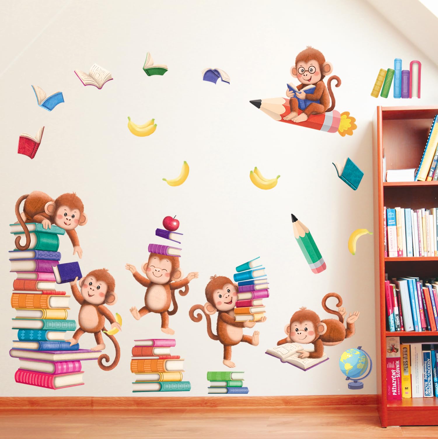 Decowall Boys Monkey Reading Books Sg2-2402 Books With Reading Monkey Wall Stickers Book Inspirational Decals Removable For Kids Baby Library Classroom Nursery School Bedroom Playroom Living Room Décor