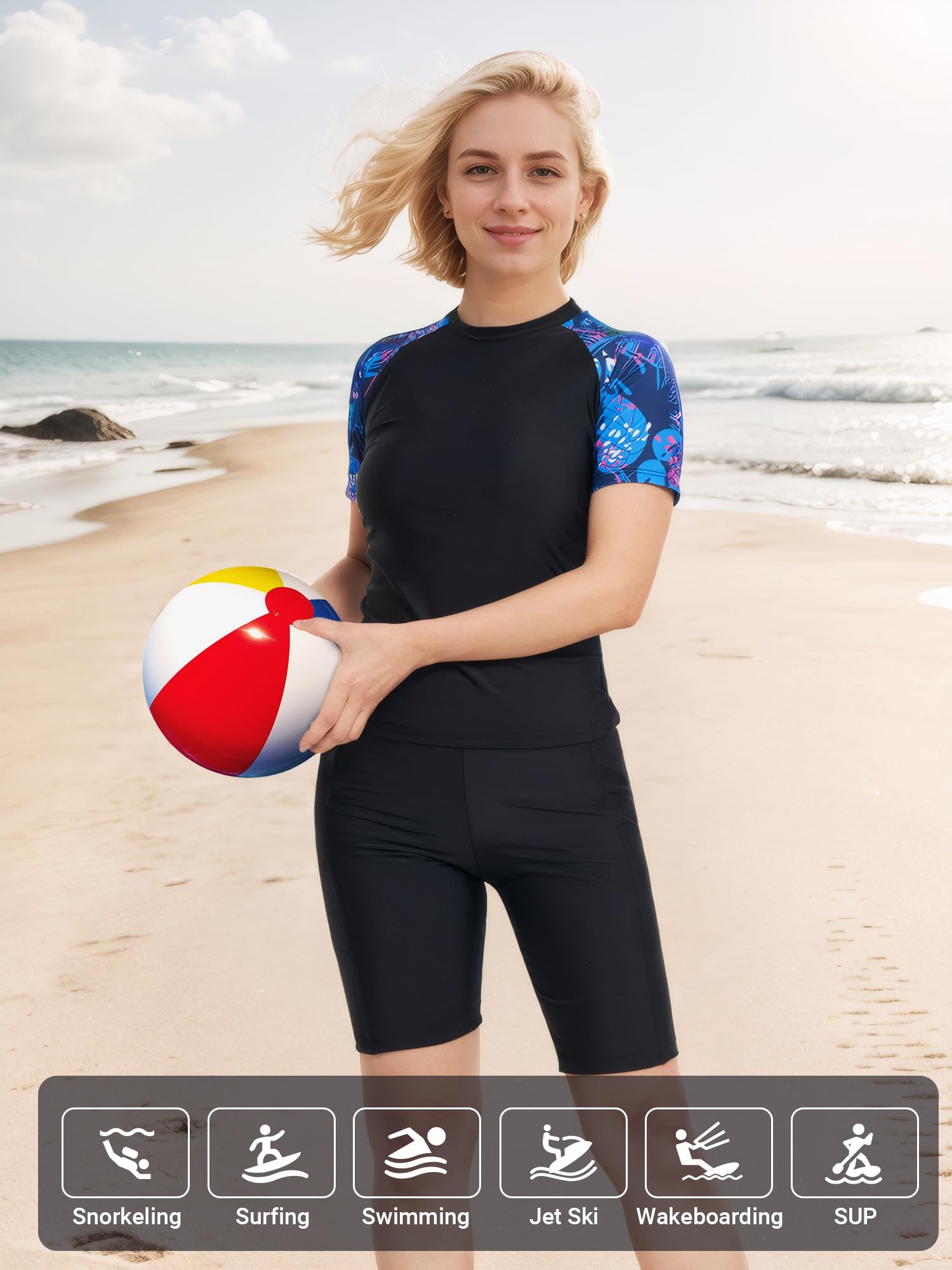 Owntop Maillot de bain 3 pièces Rashguard UPF50+ UV pour femme | Rashguard à manches courtes, haut de bikini et short taille haute | maillots de bain modestes | natation surf